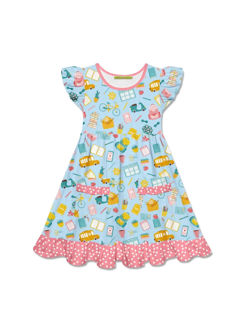 Girls Blue School Books Patch Pocket Dress